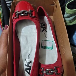 Anne Klein Cherry Red Loafers with Metal Accent